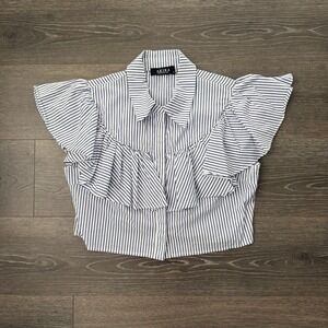 AKIRA Ruffle Cropped Poplin Button‎ Up Shirt Sz XL Western Retro Cowgirl Boho